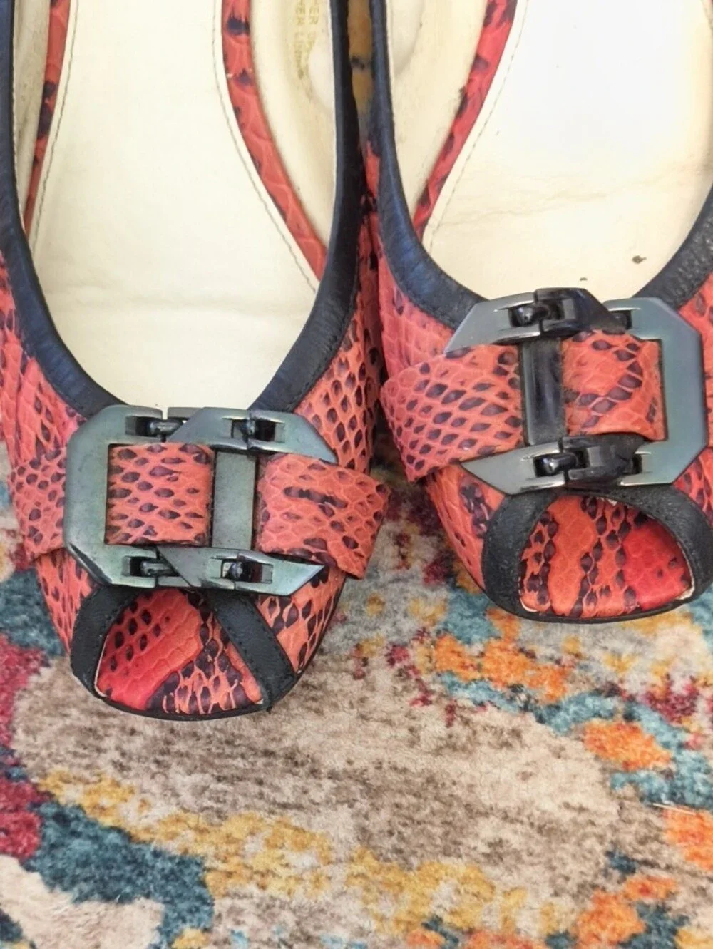 Via Spiga Red Snake-Print Peep-Toe Flats with Buckle 7M